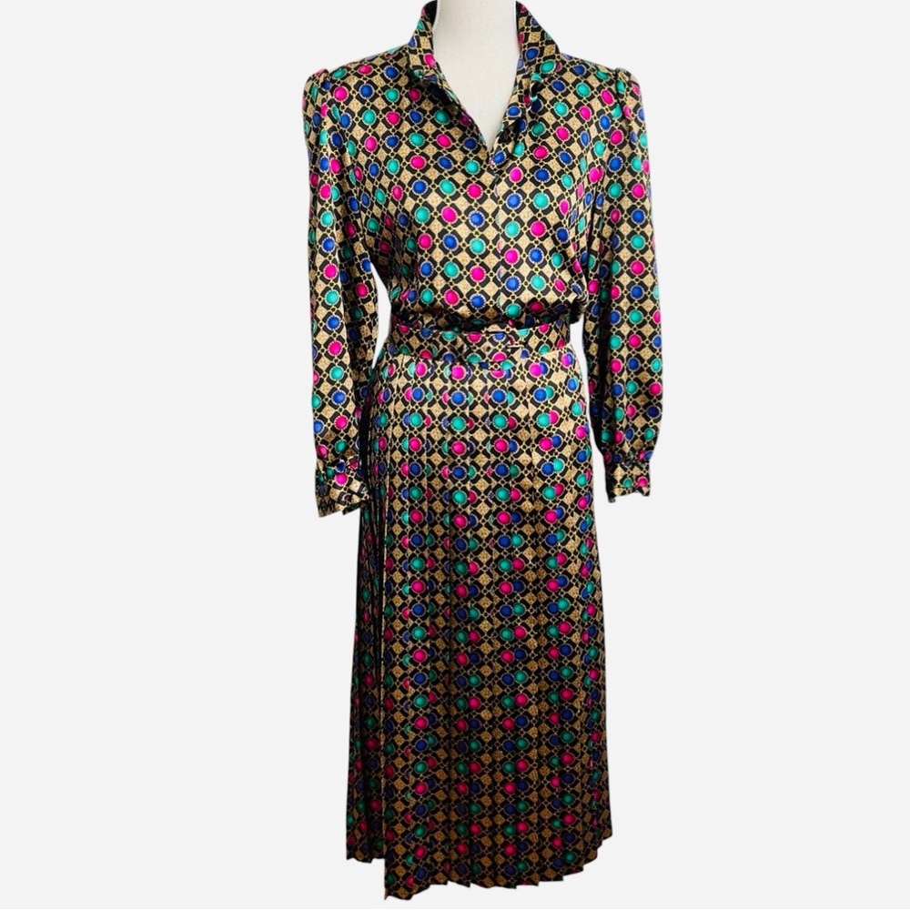 Vintage Pleated Medallion Print Jewel Tones Dress Size 8 - Picture 2 of 15